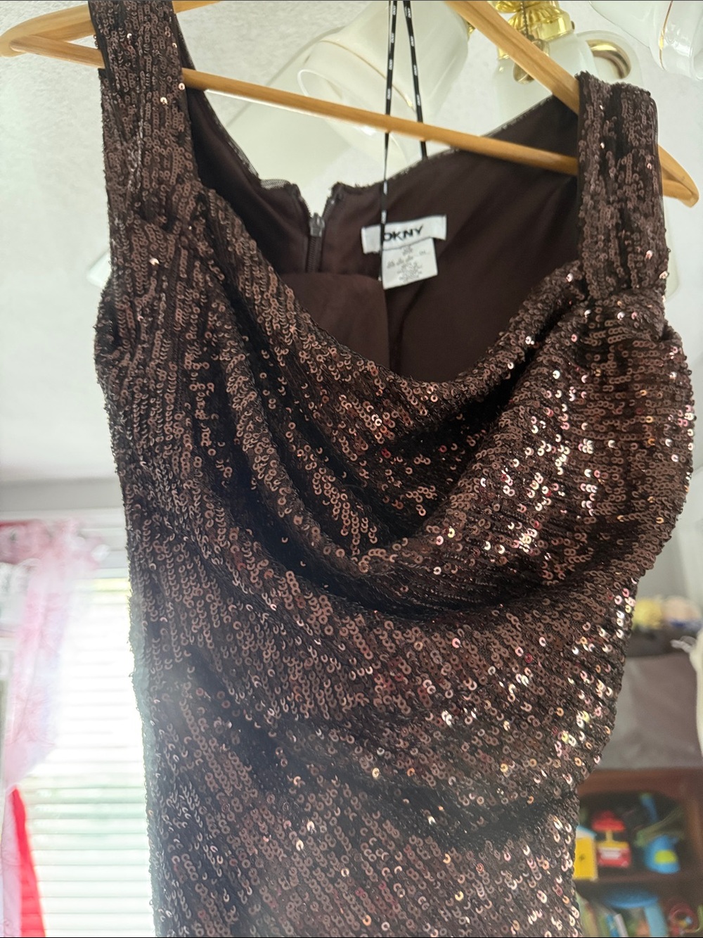 DKNY Chocolate gold Brown Sequin Cowl Neck Dress